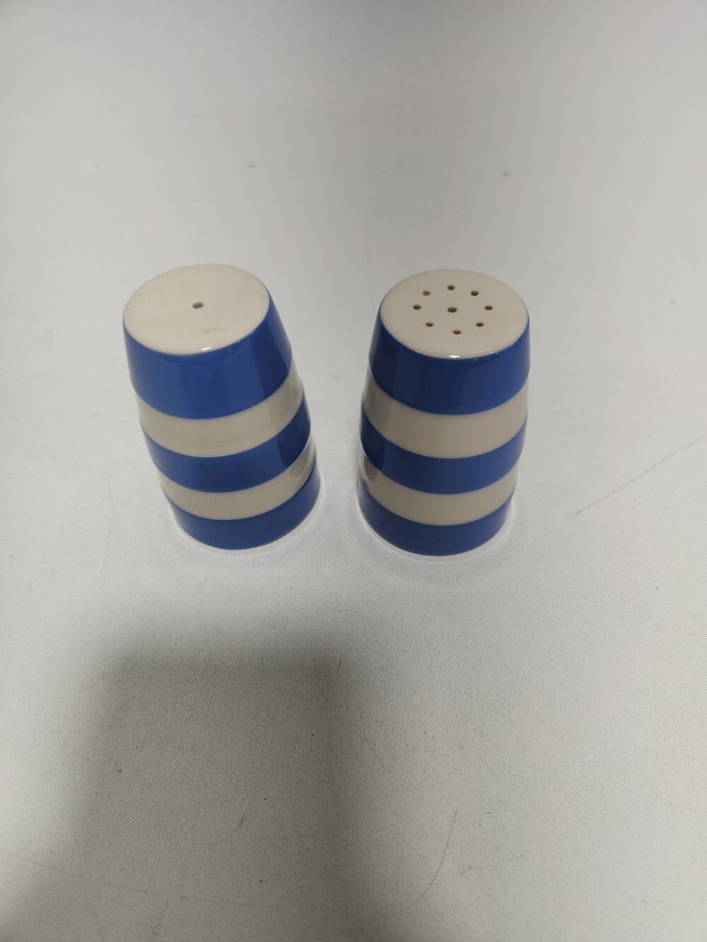 Vintage Blue White Striped Ceramic Salt & Pepper Shakers Set 3.5" Mid Century Ki